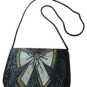 Destinee Elegant Black and Gold Beaded Bow Bag